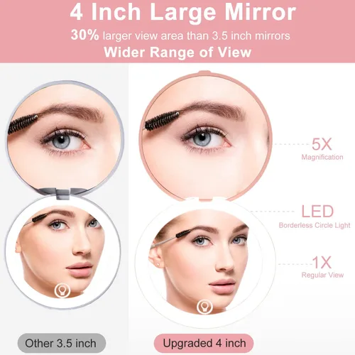 Vista 8 de Espejo compacto con iluminación LED, espejo de maquillaje de viaje de aumento 1X/5X de 4 pulgadas, espejo compacto portátil recargable con luz