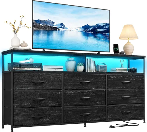 Vista 11 de Cómoda para dormitorio con 9 cajones, soporte de TV LED con tomas de Marrón