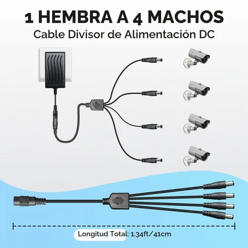 Vista 3 de Adaptador de corriente CA 100-240V a CC 12V 2A (2000mA) y cable divisor de alimentación de 4 vías para cámaras de seguridad CCTV/DVR/NVR/Tira