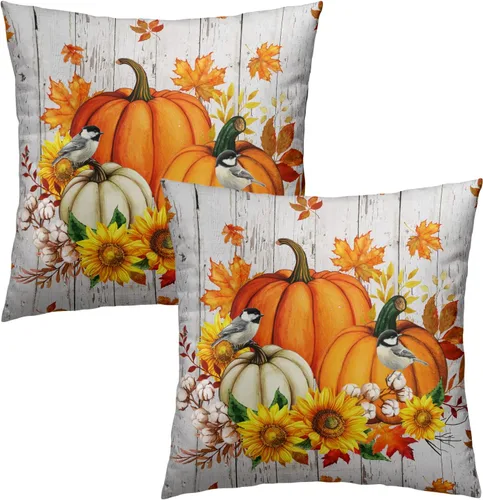 Vista 2 de Giwawa Juego de 2 fundas de almohada de calabaza otoñal de 16 x 16 pulgadas, fundas de cojín de algodón de madera de girasol para sofá, patio
