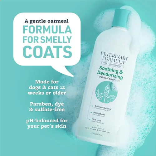 Vista 3 de Veterinary Formula Smart Coat Complex - Champú de avena calmante y desodorizante para perros, 17 onzas líquidas, bicarbonato de sodio elimina
