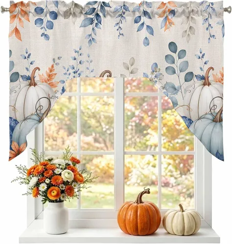 Vista 22 de Thanksgiving Fall Swag Kitchen Curtain Sets with Valance, Orange White Pumpkins 3 Pieces Curtain Drapes Rod Pocket for Bedroom Living Room Bathroom