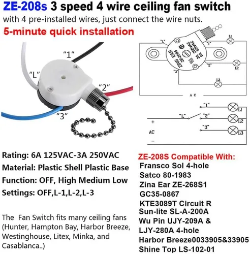 Vista 2 de ZE-208S Interruptor de ventilador de techo zing Ear e89885 Interruptor de cadena de tracción-Negro