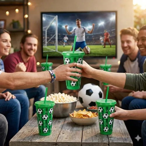 Vista 4 de Paquete de 24 copas de fútbol con tapas y pajitas, vasos de plástico reutilizables grandes de 24 onzas para regalos de fiesta de cumpleaños, regalos