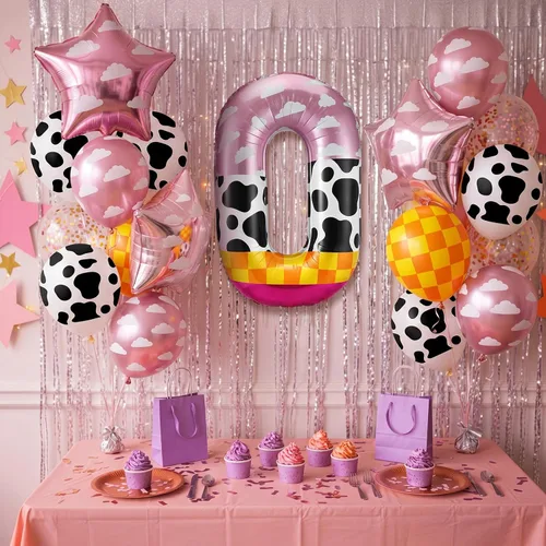 Vista 6 de Globo número 0 de 40 pulgadas con nubes rosadas, diseño de tatuajes, globos de papel de aluminio de números grandes para fiesta temática de granja