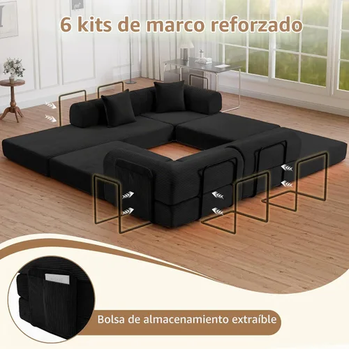 Vista 6 de Sofá cama modular en forma de U de 141.73 pulgadas, sofá de pana modular 6 en 1 con sensación suave como una nube, bolsa de almacenamiento