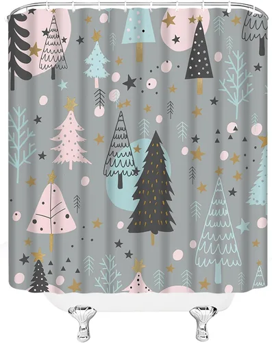 Vista 25 de GCTNBJL Cortina de ducha navideña para RV, diseño de árbol de pino, copo de nieve, estrella, bosque, vacaciones de invierno, naturaleza rústica