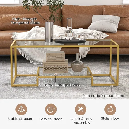 Vista 6 de NAFORT Mesa de centro de cristal templado, mesa central moderna rectangular dorada de 45 pulgadas con estante de almacenamiento inferior