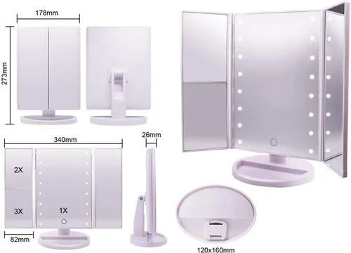 Vista 5 de DHAEY Espejo de tocador de tres pliegues, 21 luces LED con pantalla de botón en T, aumento 1X/2X/3X y carga USB brillo ajustable