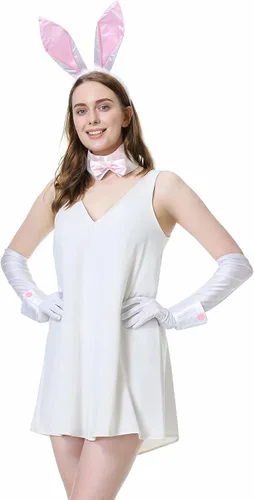 Vista 7 de Conjunto de disfraz de conejo con diadema de orejas de conejo, corbatín, cuello, puños y cola, conjunto de accesorios de conejo de Halloween