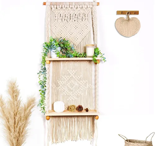 Vista 2 de Estante de Pared de Macramé Colgante (Nivel 2, Blanco Natural)