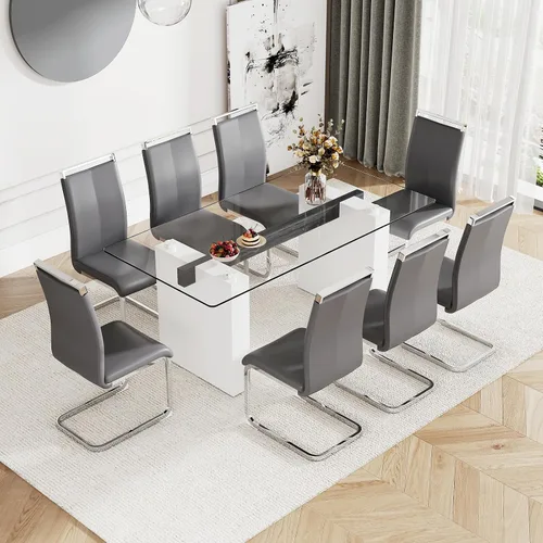 Vista 19 de Juego de mesa de comedor de vidrio de 71 pulgadas para 6, mesa de comedor para 6, mesa de vidrio templado con marco de MDF blanco y 6 sillas