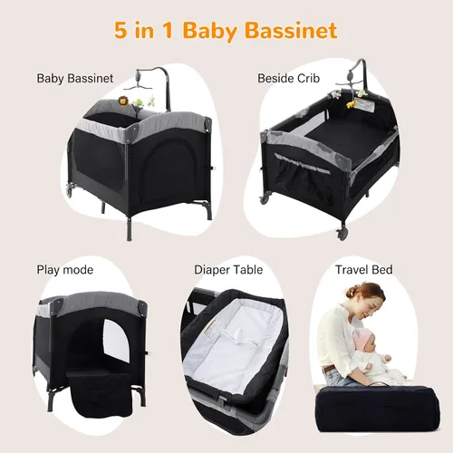 Vista 5 de Soobaby Cuna de bebé 5 en 1, cuna de noche, paquete y juega con moisés y cambiador, caja de música portátil de viaje, cuna de viaje portátil