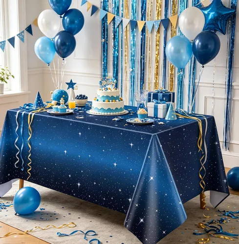 Vista 3 de Juego de 4 manteles de noche estrellada – Mantel rectangular de plástico de 86 x 51 pies, cubierta de mesa temática espacial – Suministros