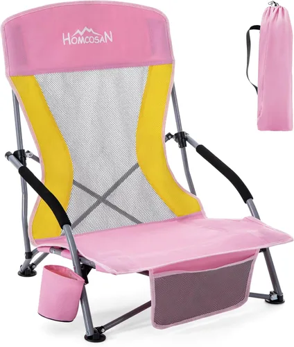Vista 27 de Homcosan Silla de playa portátil baja plegable con paraguas desmontable, silla de campamento ligera para adultos con portavasos y bolsillo