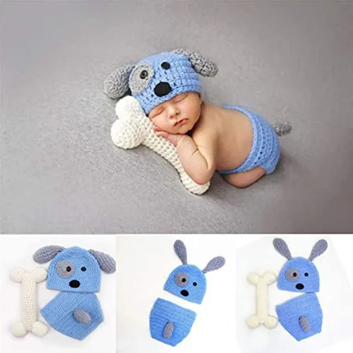 Vista 3 de Traje de bebé recién nacido, accesorios para fotos, trajes de ganchillo de punto azul con gorro de perro, pantalones cortos con hueso para niños
