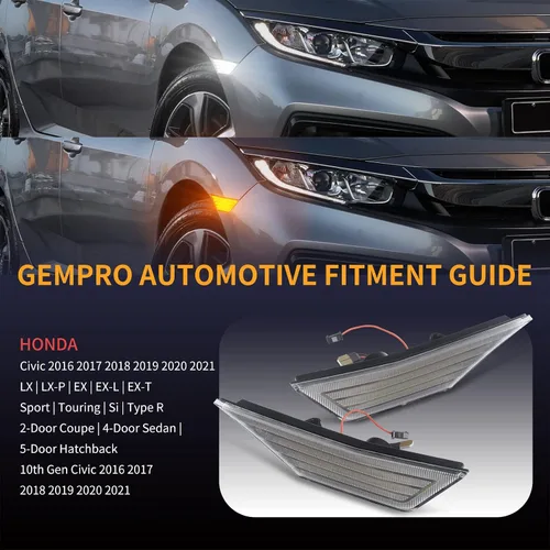 Vista 4 de Gempro Switchback - Luces LED laterales de repuesto secuenciales para Honda Civic 2016-2021, color blanco y ámbar dinámico para parachoques Lente