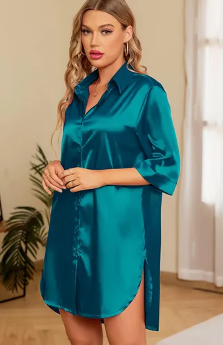 Vista 3 de Samring Camisón de seda para mujer, manga 34, con botones, camisola de satén para dormir