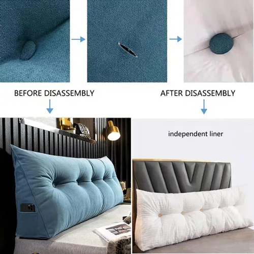 Vista 4 de Almohada triangular grande de apoyo de posicionamiento para leer en la cama, cojín lumbar para sofá cama, almohada de cabecera de cuña con funda Azul