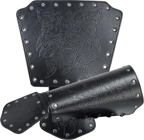 Vista 2 de HiiFeuer Guantelete vikingo Fenrir medieval de piel sintética armadura de caballero disfraz LARP de Halloween
