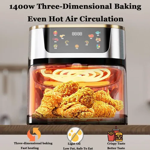 Vista 5 de Freidora de aire, freidora de aire visual de acero inoxidable de 10 l, horno inteligente de 1400 W con pantalla táctil digital sin aceite