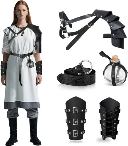 Vista 2 de Juego de 4 accesorios renacentistas medievales con cinturón vikingo, brazaletes de cuero, armadura de hombro, botella mágica, disfraces medievales