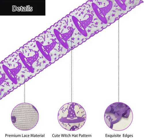 Vista 3 de Camino de mesa de Halloween – Camino de mesa de encaje con sombrero de bruja para decoraciones de mesa de Halloween – Máscara de Halloween, cena