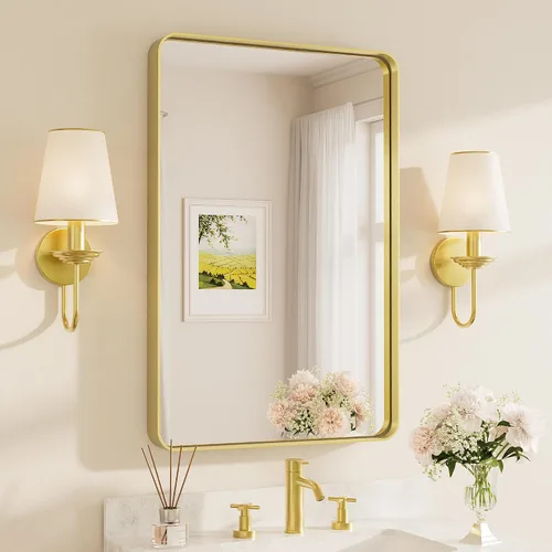 Vista 89 de Espejo de marco dorado cepillado de 16 x 24 pulgadas, espejo de tocador de baño de latón dorado para pared, espejo enmarcado rectangular de esquina
