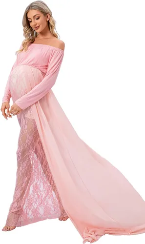 Vista 2 de ZIUMUDY Vestido de maternidad para sesión de fotos de manga larga con hombros descubiertos, vestido de encaje ajustado con capa larga de gasa trian