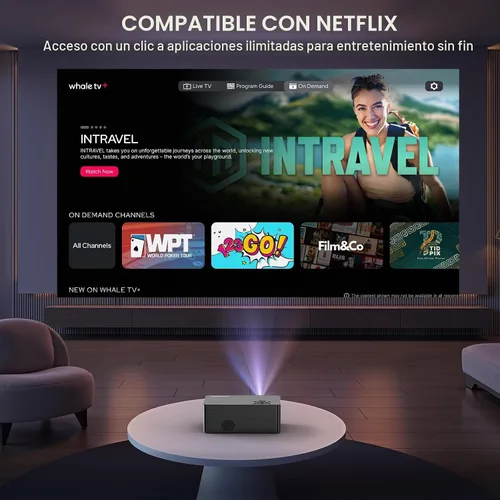 Vista 2 de Proyector para exteriores con WiFi y Bluetooth y soporte, brillo 3000, proyector inteligente portátil con aplicaciones oficiales con licencia