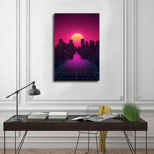 Vista 3 de Cyberpunk Minimal Wall Art – Retro Future Grid Skyline Canvas, Neon Tech Decor for Office Or Bedroom Poster Print for Teen Boys Room Wall Art Canvas