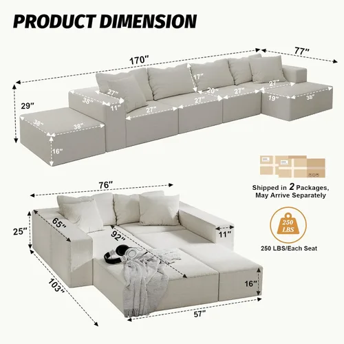 Vista 2 de Sofá modular en forma de L de 170 pulgadas, sofá de chenilla Cloud con 6 almohadas, sofá personalizable sin montaje para sala de estar y dormitorio