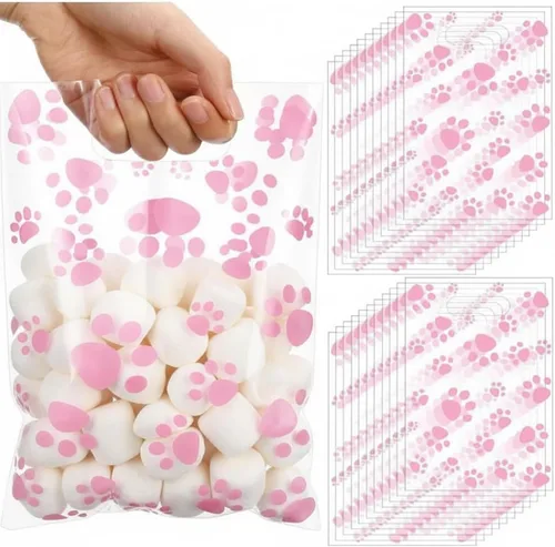 Vista 15 de Pasimy 100 bolsas de regalo de pata de perro a granel, diseño de pata de mascota, bolsas de plástico con asa para decoración de fiesta de cumpleaños