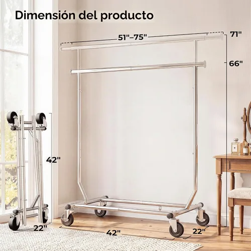 Vista 6 de HOKEEPER Perchero para ropa, percheros enrollables para colgar ropa, perchero portátil con ruedas bloqueables, perchero de ropa resistente de uso