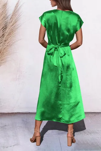Vista 3 de PRETTYGARDEN Vestido midi de satén de verano 2023 para mujer, manga casquillo, lazo en la cintura, elegante, vestido acampanado