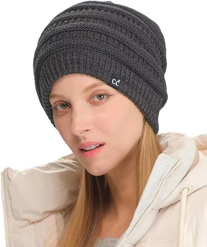 Vista 43 de C.C Winter Oversized Beanie Hat with Fuzzy Lining – Thick Knit Thermal Beanie for Cold Weather, Soft Warm Fleece Lined Cap
