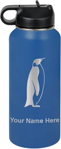 Vista 50 de LaserGram Botella de agua personalizada, pingüino, acero inoxidable de doble pared aislada al vacío con popote superior, regalo grabado