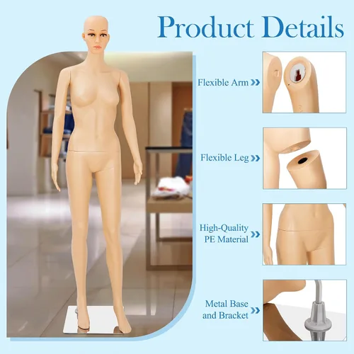 Vista 5 de Maniquí femenino de cuerpo completo con cabeza ajustable, extremidades flexibles, diseño desmontable de 69 pulgadas, forma de vestido con base