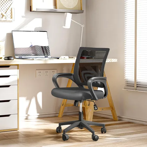 Vista 4 de Silla de oficina ergonómica, silla de escritorio de malla con respaldo medio, silla de computadora, color negro Soporte lumbar, modo oscilante