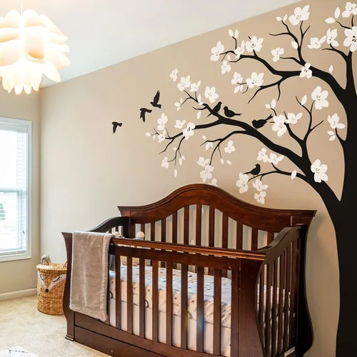 Vista 5 de Adhesivo decorativo para pared de árbol de esquina grande con flores grandes, pájaros y hojas para cuarto de bebé, mural 087