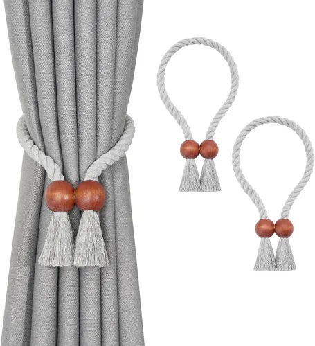 Vista 72 de NICEEC 2 Pack de Alzapaños Magnéticos de Madera en Forma de Cubo Boho para Decoración del Hogar, Alzapaños de Lino Tejidos a Mano para Cortinas Beige