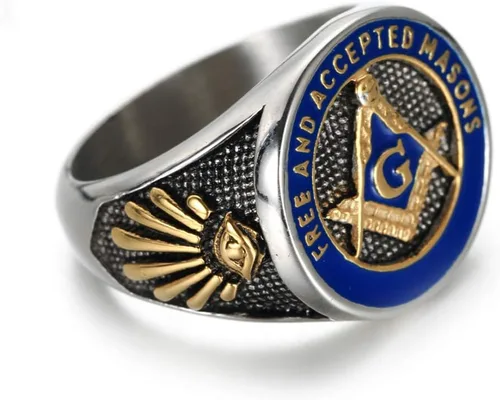 Vista 4 de IFUAQZ Anillo masónico de acero inoxidable para hombre con símbolo de masones de oro azul libre y aceptado, Metal, Sin piedras preciosas