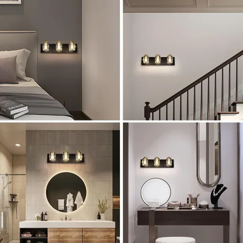 Vista 5 de Modernas luces de cristal para tocador, accesorios de luz para tocador de baño de 3 luces, luces de baño negras y doradas sobre espejo, apliques