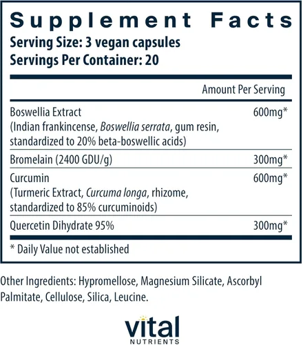 Vista 2 de Vital Nutrients BCQ Suplemento vegano de boswellia, bromelina, curcumina y quercetina Suplemento de apoyo articular Apoya la salud