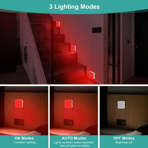 Vista 3 de Luces nocturnas rojas con sensor de movimiento, luz nocturna recargable que funciona con pilas, luces nocturnas rojas magnéticas adhesivas