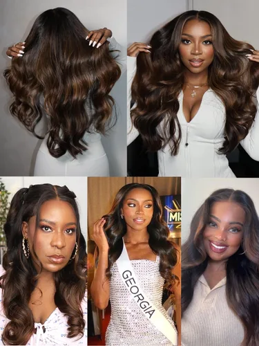Vista 5 de Julia Hair Peluca de cabello humano ondulado degradado 12A con reflejos en V, parte en U, sombra y raíz, balayage, sin pegamento, cabello virgen