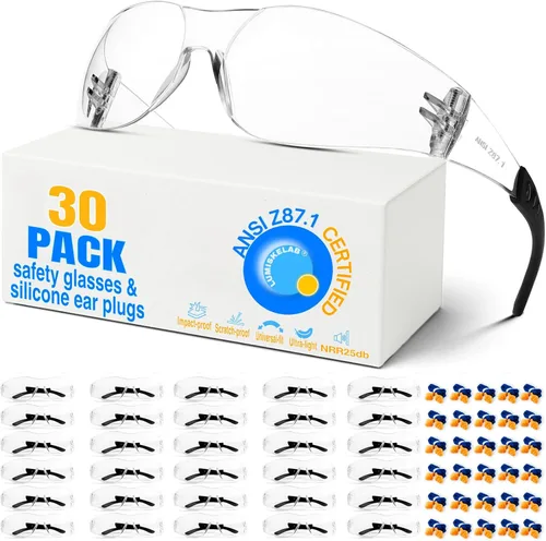 Vista 8 de Paquete de 12 lentes de seguridad transparentes para hombres y mujeres – Certificado ANSI Z87.1, 12 tapones de silicona para los oídos (NRR 25 dB)