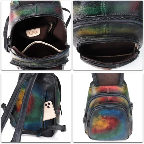 Vista 7 de LRTO Mochila de cuero genuino para mujer, mochila vintage casual para universidad, hecha a mano, mochila occidental de piel de vacuno