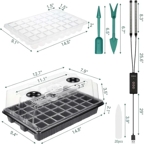 Vista 6 de Bandeja de inicio de semillas con luz de crecimiento, 2 paquetes de 80 celdas, kit de inicio de semillas reutilizables con cúpula de humedad, Negro