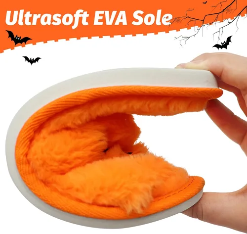 Vista 4 de Lopbraa Pantuflas de calabaza de Halloween mullidas de demonio, pantuflas de murciélago de felpa suave para interiores y exteriores, para mujeres